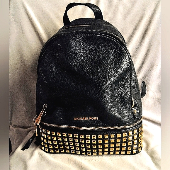 Michael Kors Rhea Medium Black Studded Gold Leather Backpack - Picture 1 of 6